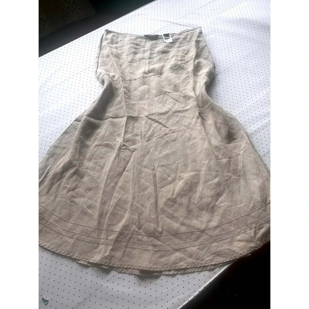 Eddie Bauer Tan 100% Linen Midi Skirt Beige A-Line 8 High Waist Minimalist